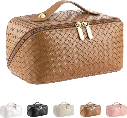 Vista 13 de Bolsa de cosméticos de viaje de gran capacidad - Bolsas de maquillaje portátiles para mujeres, impermeable, de cuero PU a cuadros, con organizador