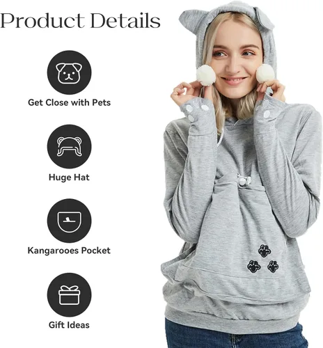 Vista 6 de YYW Sudadera con capucha para mujer, sudadera de gran tamaño con capucha para gatos, soporte para mascotas y perros (gris, M)