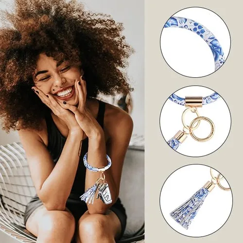 Vista 3 de Coolcos Llavero de piel, círculo grande con borla, para muñeca, brazalete, regalo para mujer