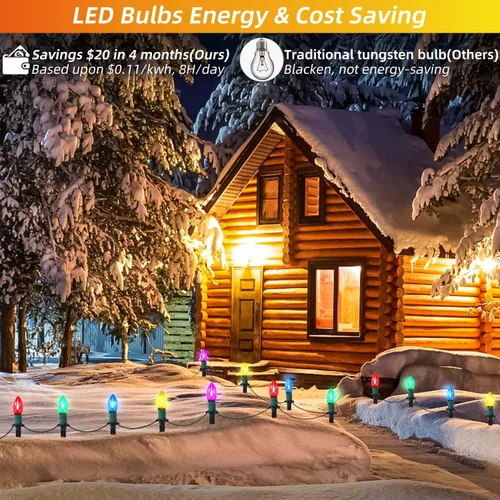 Vista 2 de USOKYO Luces LED C9 de 45 pies para caminos de Navidad al aire libre, 30 bombillas multicolor, impermeables, conectables, luces de Navidad
