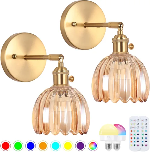Vista 13 de Juego de dos apliques de pared vintage, funciona con pilas, con pantalla de cristal de tulipán verde oscuro, lámpara de pared recargable con control
