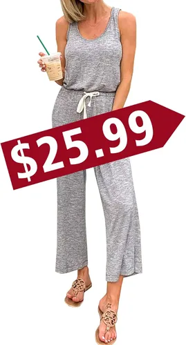 Vista 4 de Prettygarden - Mono casual para mujer sin mangas, con cuello redondo, cintura ajustable con cordón - Rómper elástico de pantalones largos