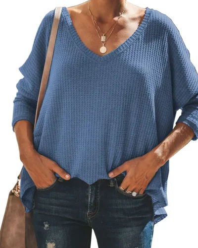 Vista 3 de iGenjun - Suéter casual con cuello en V, hombros descubiertos, mangas de murciélago, sin botones, para mujer Azul