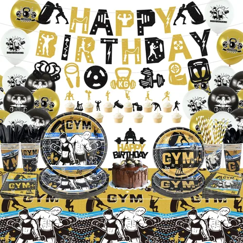 Vista 8 de KEFAN Decoraciones de fiesta de gimnasio, paquetes de suministros para fiesta de cumpleaños, levantamiento de pesas, deportes, suministros de fiesta