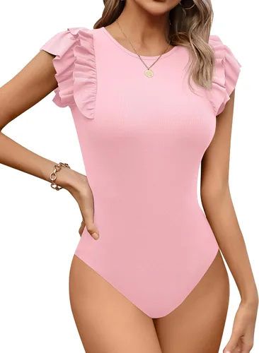 Vista 20 de Missufe Body casual acanalado con mangas con volantes y volantes para mujer