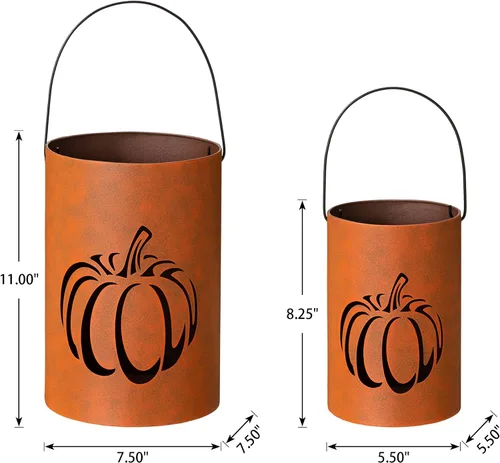 Vista 3 de Glitzhome Paquete de 2 portavelas de calabaza con recortes de Halloween, cubo de metal para Acción de Gracias, letreros decorativos de porche
