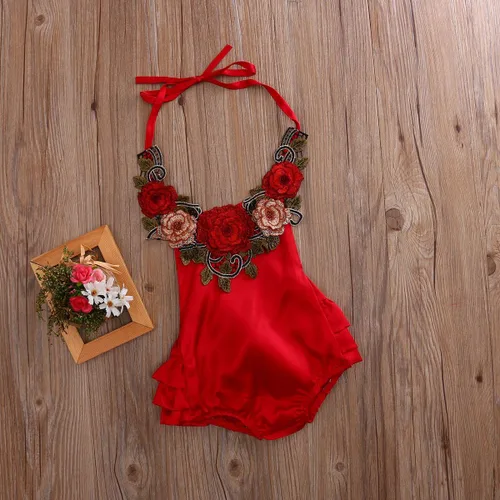 Vista 6 de Mrs.Baker'Home Baby Girl 3D Flower Applique Halter Floral Romper,Backless Bodysuit,Ruffle Sunsuit