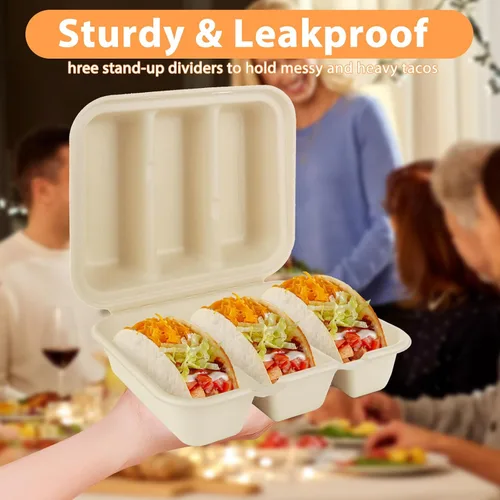 Vista 3 de JMIATRY 50 soportes desechables para tacos con tapas, platos desechables para tacos con 3 compartimentos, divisores de fibra de pulpa, desechables