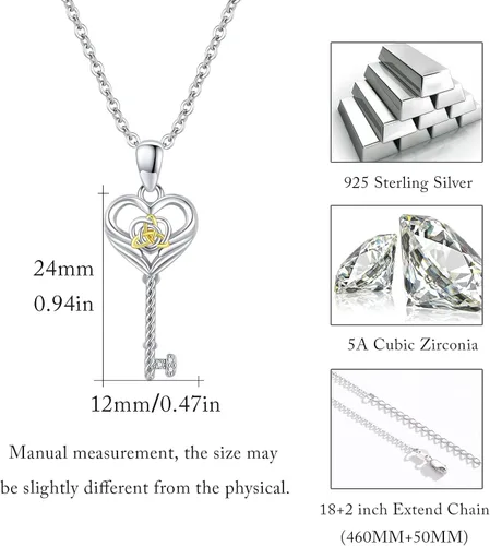 Vista 6 de XIXLES Angel Wing Key Necklace S925 Sterling Silver Irish Celtic Knot Love Heart Key Pendant Necklace Key Angel Wings Promise Necklace Jewelry Gifts
