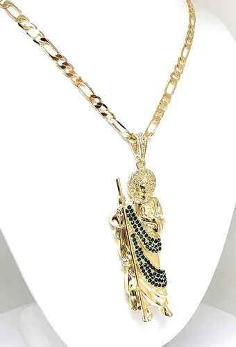 Vista 4 de Fran & Co. Jewelry Collar con colgante de San Judas grande XL verde chapado en oro Figaro 26" San Judas Tadeo Medalla Cadena Oro Laminado,