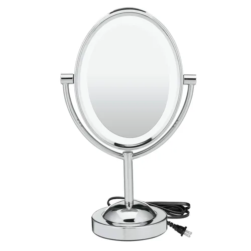 Vista 10 de Espejo ovalado de aumento con luz LED de doble cara para maquillaje; 1 x/7 X ampliación; acabado de cromo pulido, de Conair