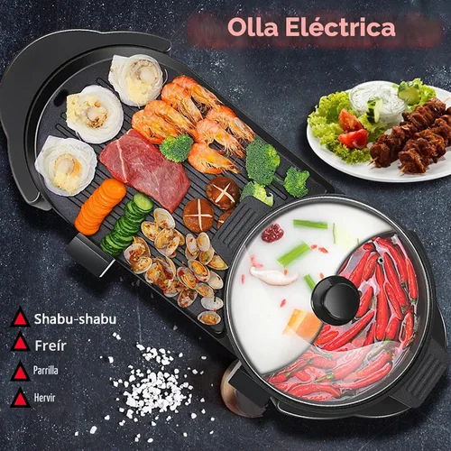 Vista 2 de Olla Caliente con Parrilla, Olla Caliente Eléctrica 2 en 1 Shabu Shabu Olla Caliente Barbacoa Coreana, Olla Caliente Desmontable 1200W / Bandeja