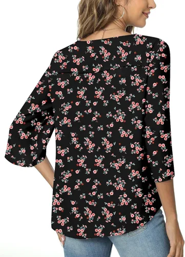 Vista 3 de TAOHUADAO Womens 2023 Casual V-Neck Loose Tunic Top for leggings 34 Sleeve Chiffon Blouse Shirt Red Flower Black Tops