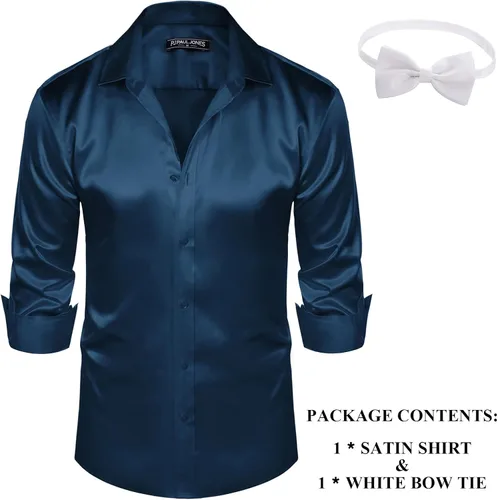Vista 5 de PJ PAUL JONES Camisa de vestir de satén brillante para hombre, camisa de seda con botones de manga larga y pajarita