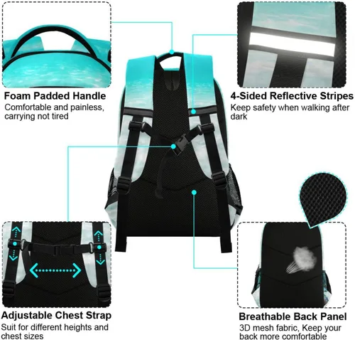 Vista 4 de Mochila para niños y niñas, mochila de viaje con flores de caballo blanco, mochila de escuela primaria para niños y niñas, tortuga marina, Mochilas