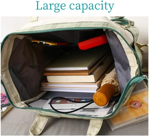 Vista 7 de Mochila japonesa linda para mujer, 5 unidades, diseño a cuadros, diseño de dibujos animados, bolsa de viaje, suministros de regreso a clases, bolsa