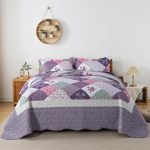Vista 27 de Juego de cama de dos piezas, tamaño individual, de microfibra, reversible, de retazos, estilo floral, todas las estaciones, patrón de porcelana azul