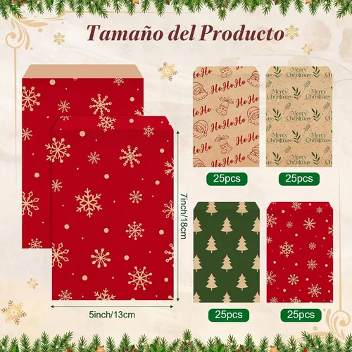 Vista 2 de Pasimy 100 bolsas de papel kraft de Navidad autoadhesivas, a la moda