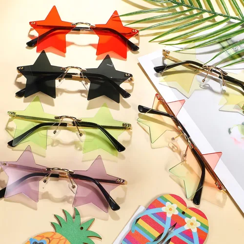 Vista 7 de Kathfly Paquete de 60 lentes de sol sin montura en forma de estrella para mujeres y hombres, lentes de pentagrama, lentes transparentes para fiestas