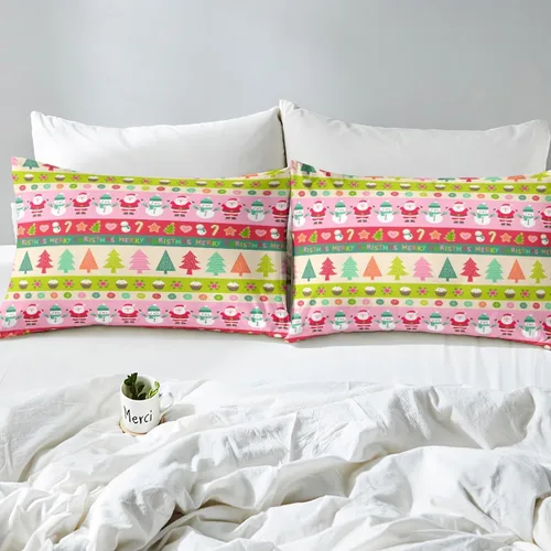 Vista 4 de Juego de sábanas con diseño de Papá Noel y muñeco de nieve para niños, niñas y niños, de temática navideña, juego de cama con diseño de árbol
