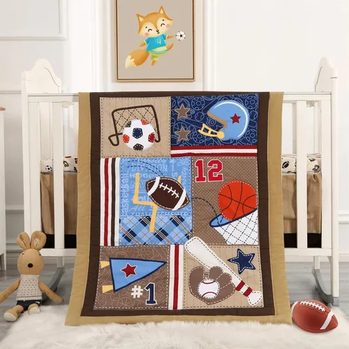 Vista 18 de Juego de ropa de cama para cuna de dinosaurio para niños, color azul, juego de ropa de cama de 3 piezas de alta calidad, juego de cuna de guardería