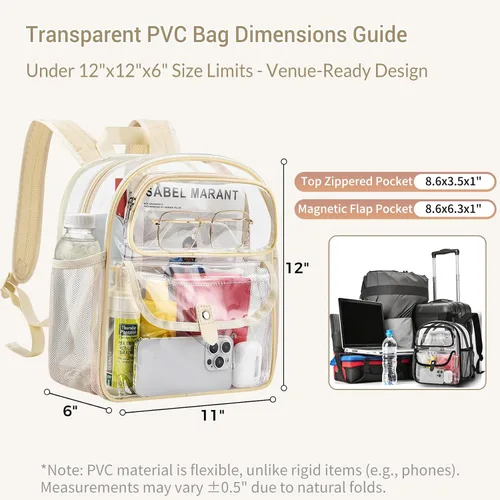 Vista 5 de SPODEARS Mochila pequeña transparente para fanáticos de los deportes, para estadio, concierto, festival y más, diseño de múltiples bolsillos, Beige