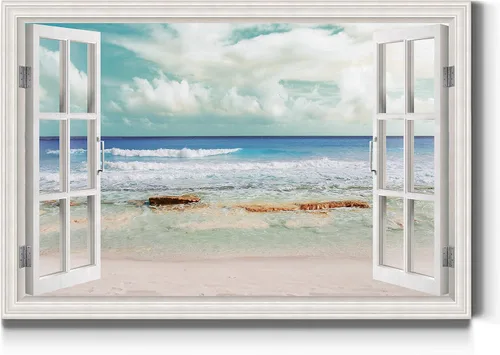 Vista 17 de Renditions Gallery Lienzo decorativo para pared, vista de barco viejo atracado en la playa de arena blanca, obra de arte para colgar en la pared