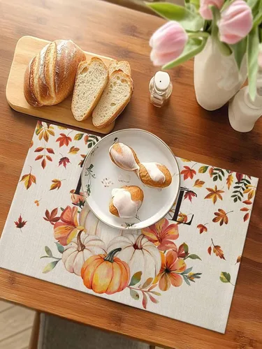 Vista 4 de Manteles individuales para mesa de comedor, juego de 4 manteles individuales para otoño, Acción de Gracias, calabaza, flor y girasol, manteles