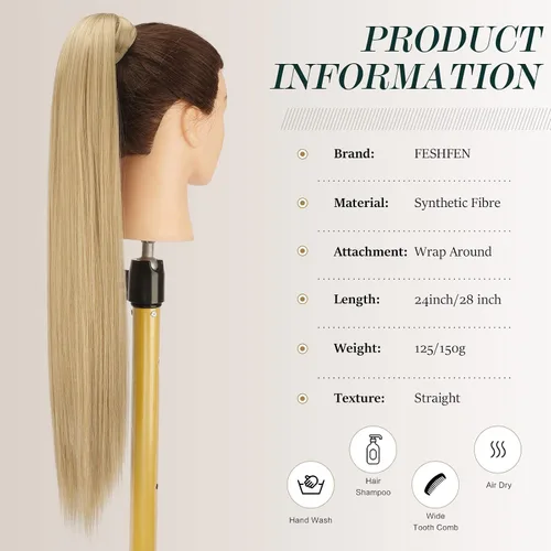 Vista 4 de FESHFEN Extensiones de Cola de Caballo - 24 Pulgadas de Largo Liso Rubio Dorado Envolvente Colas de Caballo Sintéticas Pieza de Cabello Extensiones
