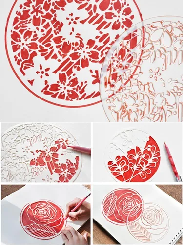 Vista 6 de Paquete de 8 plantillas de pintura floral – Plantillas redondas huecas reutilizables para manualidades, arte de pared, lienzo y decoración de tela