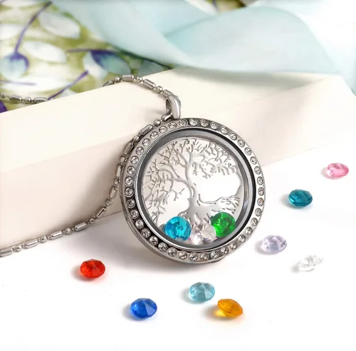 Vista 4 de AZNECK Collar con medallón flotante del árbol de la vida para mujer con piedras natales con colgante de recuerdo de vida, joyería de acero
