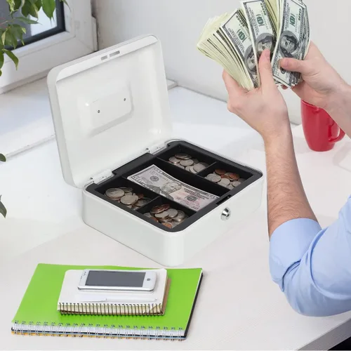 Vista 7 de Caja de dinero con bandeja de dinero y cerradura, caja de dinero de metal para efectivo, caja de seguridad 9.84 x 7.87 x 3.54 pulgadas, color blanco