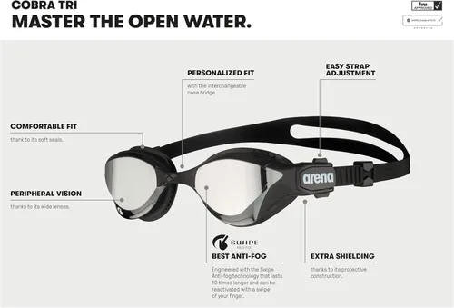 Vista 2 de ARENA Unisex Adult Cobra Tri Swimming Goggles for Triathlon and Fitness Swipe Anti-Fog Wide Vision Mirror Lens