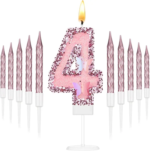 Vista 9 de Amylove Vela de cumpleaños número 0, decoración de pastel de mariposa con purpurina rosa con 10 velas delgadas, decoraciones de cumpleaños número 0