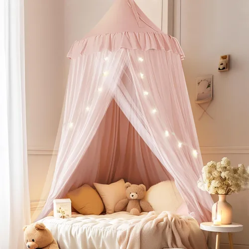 Vista 11 de Dosel de cama con luces de estrella, dosel de doble capa para cama, tienda de campaña de princesa para habitación de niñas, cortina de dosel