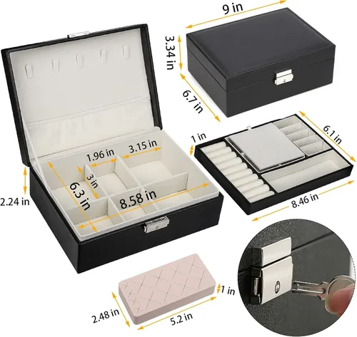 Vista 7 de USION Joyero para mujeres, niñas, novia, esposa, regalo, organizador de joyas de cuero, soporte con bandeja extraíble para aretes, pulseras