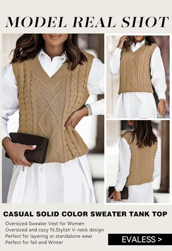 Vista 7 de EVALESS - Chaleco de gran tamaño para mujer, cuello en V, sin mangas, color sólido, suéter suelto