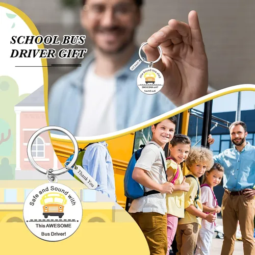 Vista 3 de 12 llaveros de acero inoxidable para conductor de autobús escolar, regalos de agradecimiento para nuevos conductores, jubilación, Acción de Gracias