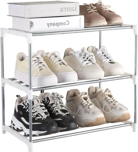 Vista 14 de Zapatero pequeño, organizador de estantes de zapatos estrechos apilables para entrada, puerta y armario del dormitorio (3 niveles, negro)