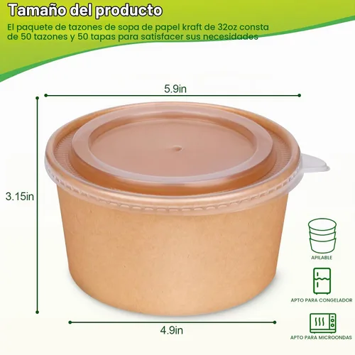 Vista 6 de greensight Cuencos de papel grandes de 32oz con tapas, paquete de 50 Marrón