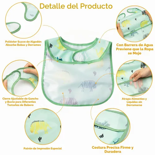 Vista 3 de 6 piezas de baberos impermeables para niños pequeños con bolsillo recogemigas, juego de baberos para bebés con ajuste para dientes de leche, baberos