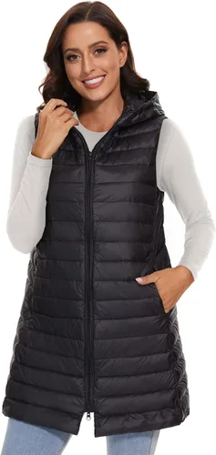 Vista 9 de ELFJOY Chaleco largo con cremallera y capucha para mujer, Blanco