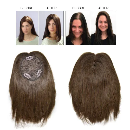 Vista 8 de Cabello humano de 18 pulgadas de largo, con clips en la parte superior de extensiones con flequillo (613# rubio claro blanqueado)