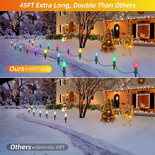 Vista 3 de USOKYO Luces LED C9 de 45 pies para caminos de Navidad al aire libre, 30 bombillas multicolor, impermeables, conectables, luces de Navidad