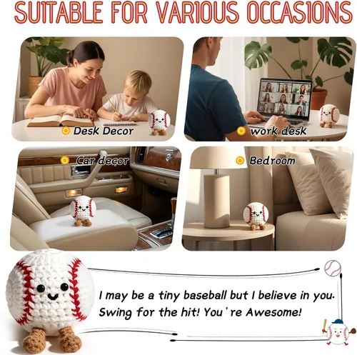 Vista 7 de Regalos positivos de ganchillo de béisbol para niños, hombres, papá, muñeca de punto inspiradora con tarjeta de aliento y llavero de caja, divertida