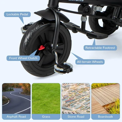 Vista 7 de INFANS Triciclo para Niños, Triciclo de Bebé 6 en 1 Bicicleta para Niños Pequeños con Asiento Reversible, Mango de Empuje Ajustable, Control