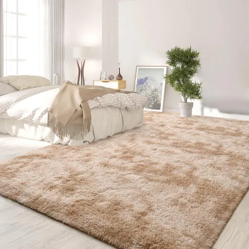 Vista 3 de FlyDOIT Alfombras grandes para sala de estar, 4 x 6 pies alfombra peluda beige con efecto tie-dye, alfombras mullidas suaves, alfombras peludas