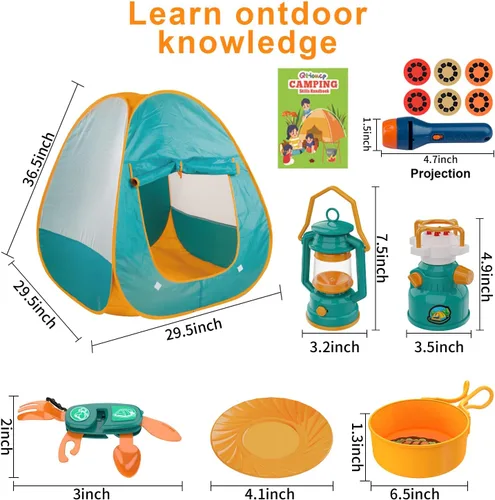 Vista 6 de Qtioucp - Juego de camping para niños con tienda de campaña desplegable y proyector de espacio con linterna - Juguete de fogata al aire libre