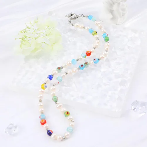 Vista 3 de Collar de perlas para mujeres y niñas, collar de cadena de perlas con clip de papel, collar de cadena de perlas de medio eslabón, collar de perlas