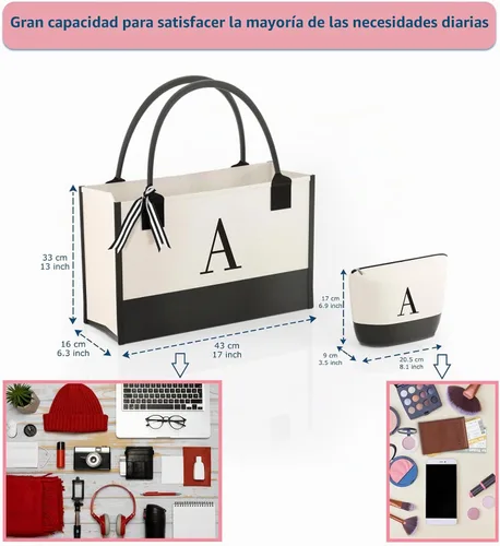 Vista 3 de Monogrammed Canvas Tote Bag with Zipper Pockets - Ideal Gift for Mom, Teacher, Sister